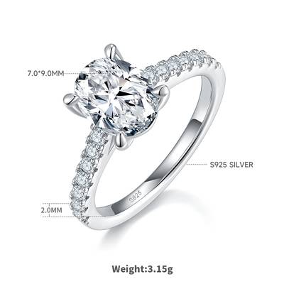 Micro inlaid Oval Moissanite women's Proposal ring 2.0 carats D-grade in 925 silver